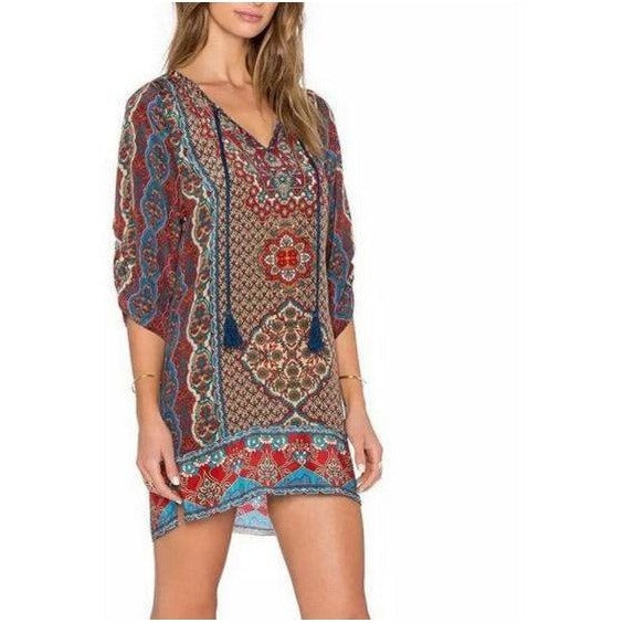 Summer Bohemia Mexican Boho Ethnic Loose Mini Kaftan Beach Dress-Bohemian Brunch