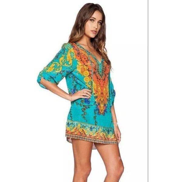 Summer Bohemia Mexican Boho Ethnic Loose Mini Kaftan Beach Dress-Bohemian Brunch