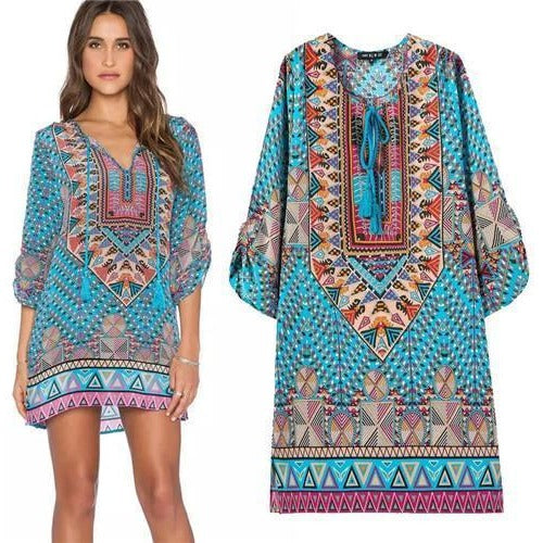 Summer Bohemia Mexican Boho Ethnic Loose Mini Kaftan Beach Dress-Bohemian Brunch