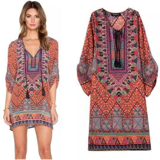 Summer Bohemia Mexican Boho Ethnic Loose Mini Kaftan Beach Dress-Bohemian Brunch