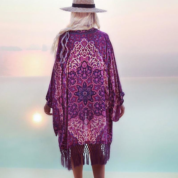 Summer Chiffon Purple Fringe Bathing Suit Cover Up Boho Beachwear-Bohemian Brunch