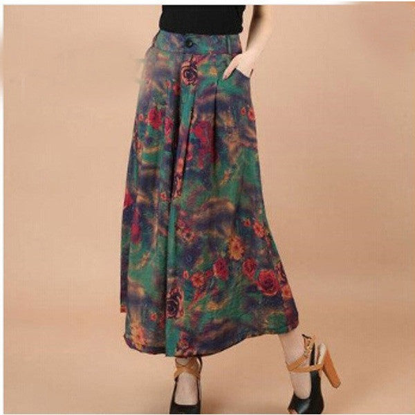 Summer Printed Flower Pattern Wide Leg Loose Linen Boho Pants Plus sizes-Bohemian Brunch