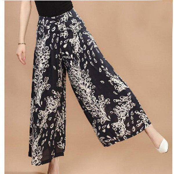 Summer Printed Flower Pattern Wide Leg Loose Linen Boho Pants Plus sizes-Bohemian Brunch