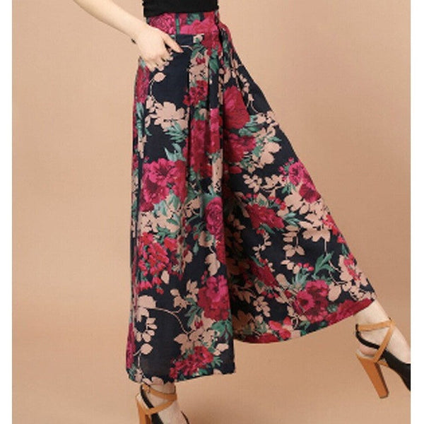 Summer Printed Flower Pattern Wide Leg Loose Linen Boho Pants Plus sizes-Bohemian Brunch