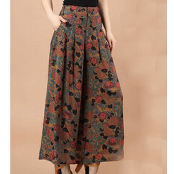 Summer Printed Flower Pattern Wide Leg Loose Linen Boho Pants Plus sizes-Bohemian Brunch