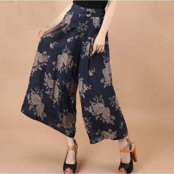 Summer Printed Flower Pattern Wide Leg Loose Linen Boho Pants Plus sizes-Bohemian Brunch