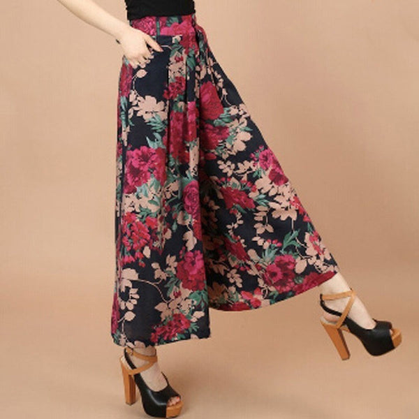 Summer Printed Flower Pattern Wide Leg Loose Linen Boho Pants Plus sizes-Bohemian Brunch