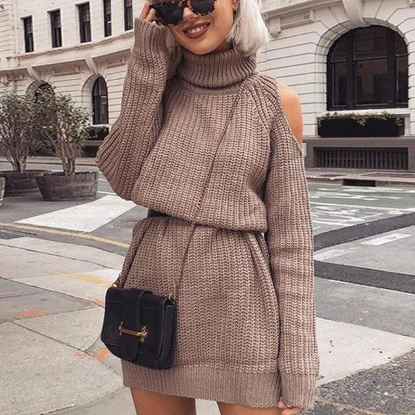 Turtleneck Off Shoulder Sweater Autumn Winter Dress Plus Size-Bohemian Brunch