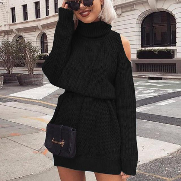 Turtleneck Off Shoulder Sweater Autumn Winter Dress Plus Size-Bohemian Brunch