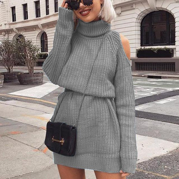 Turtleneck Off Shoulder Sweater Autumn Winter Dress Plus Size-Bohemian Brunch