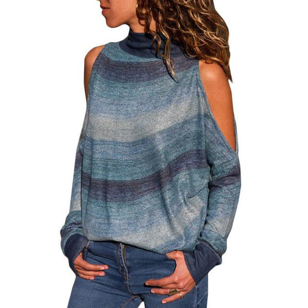 Turtleneck Shoulder Cotton Cool Prints Tops Casual Long Sleeve Top-Bohemian Brunch