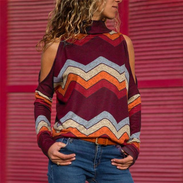 Turtleneck Shoulder Cotton Cool Prints Tops Casual Long Sleeve Top-Bohemian Brunch