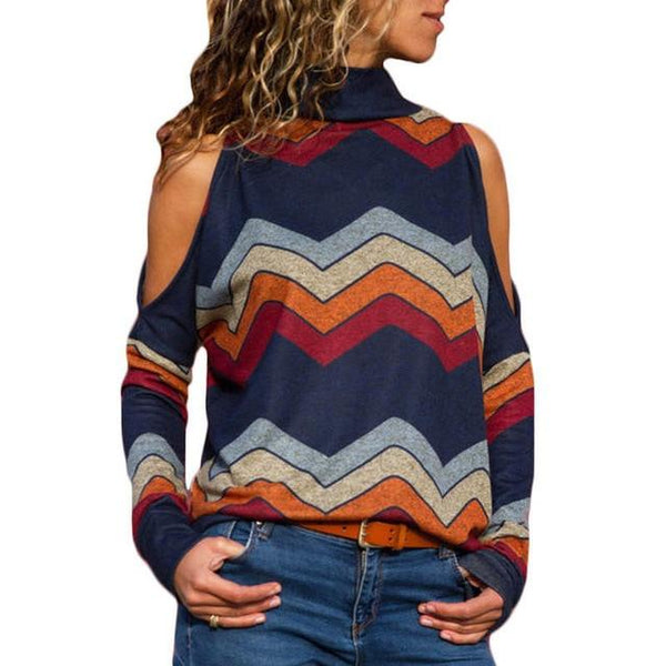 Turtleneck Shoulder Cotton Cool Prints Tops Casual Long Sleeve Top-Bohemian Brunch