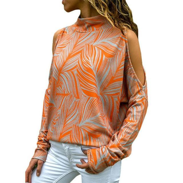 Turtleneck Shoulder Cotton Cool Prints Tops Casual Long Sleeve Top-Bohemian Brunch