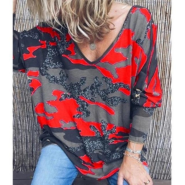 V-neck Print Long Sleeve Top Casual Loose Streetwear Plus sizes-Bohemian Brunch