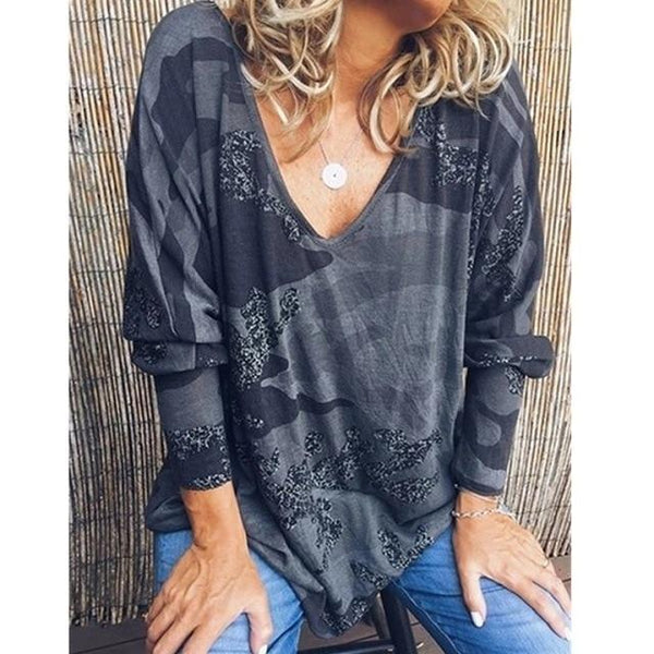 V-neck Print Long Sleeve Top Casual Loose Streetwear Plus sizes-Bohemian Brunch