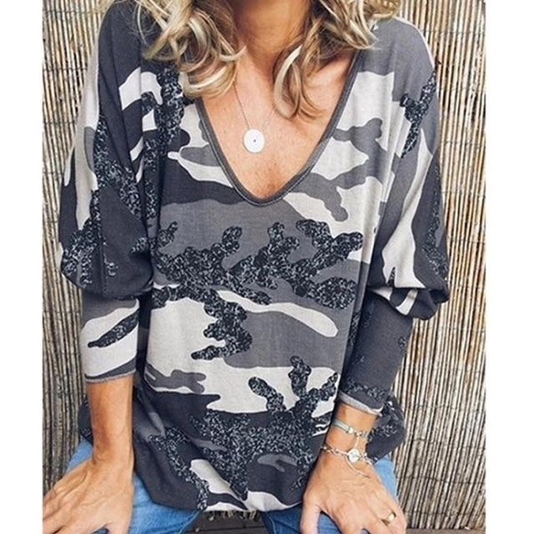 V-neck Print Long Sleeve Top Casual Loose Streetwear Plus sizes-Bohemian Brunch