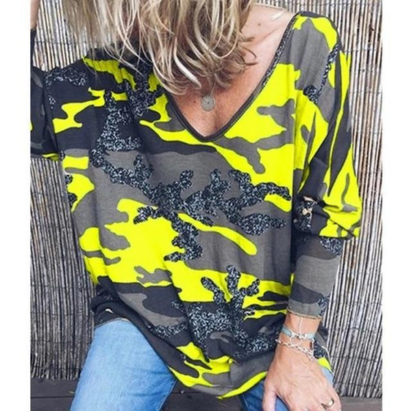 V-neck Print Long Sleeve Top Casual Loose Streetwear Plus sizes-Bohemian Brunch