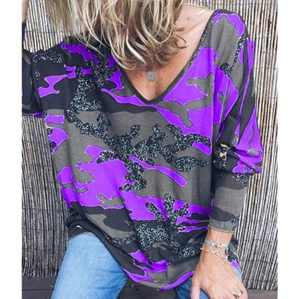 V-neck Print Long Sleeve Top Casual Loose Streetwear Plus sizes-Bohemian Brunch