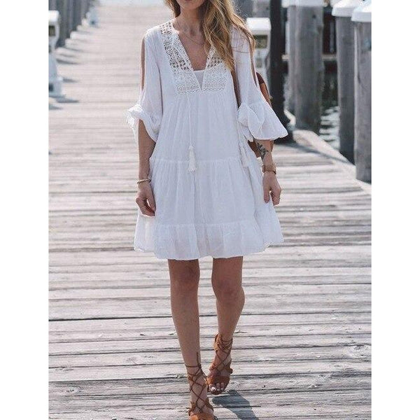 White Cotton Mini Lace Gypsy Boho Traveller Beach Dress-Bohemian Brunch