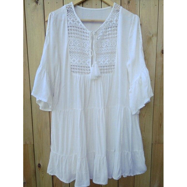 White Cotton Mini Lace Gypsy Boho Traveller Beach Dress-Bohemian Brunch