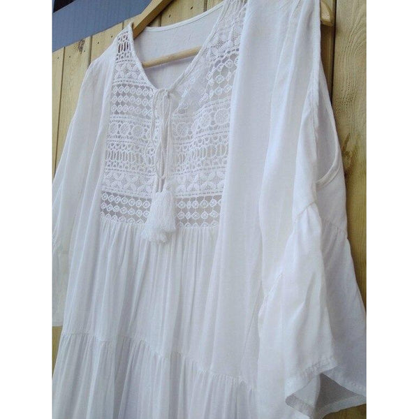 White Cotton Mini Lace Gypsy Boho Traveller Beach Dress-Bohemian Brunch