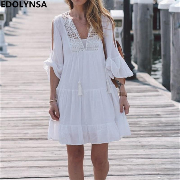 White Cotton Mini Lace Gypsy Boho Traveller Beach Dress-Bohemian Brunch