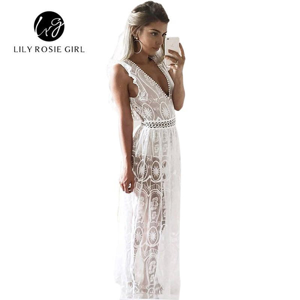 White Lace Dress Backless Elegant Maxi-Bohemian Brunch