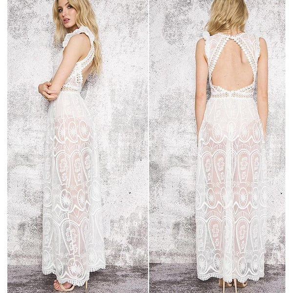 White Lace Dress Backless Elegant Maxi-Bohemian Brunch