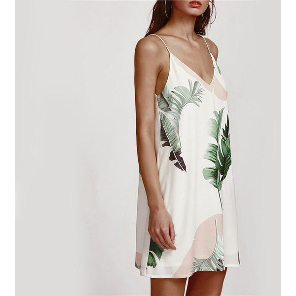 White Palm Leaf Cami Summer Dress-Bohemian Brunch