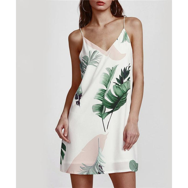 White Palm Leaf Cami Summer Dress-Bohemian Brunch