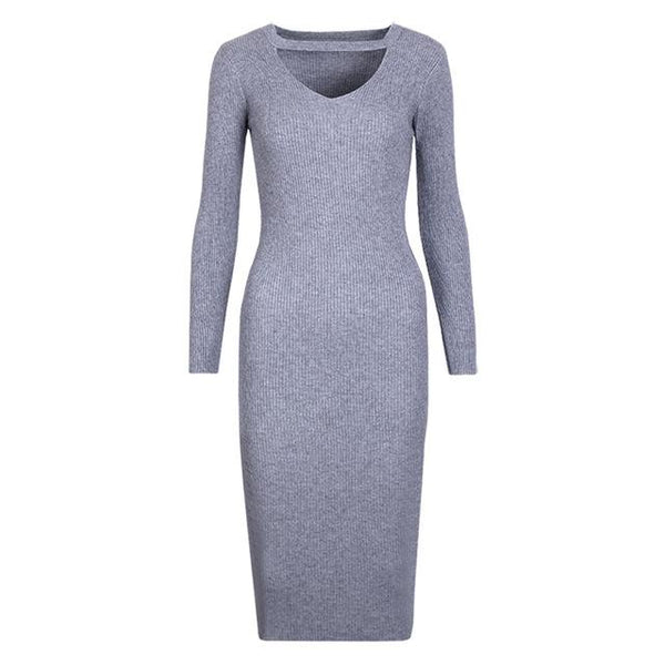 Winter Halter Long sleeve V-Neck Knitted Sweater Dress-Bohemian Brunch