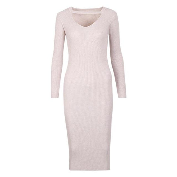 Winter Halter Long sleeve V-Neck Knitted Sweater Dress-Bohemian Brunch