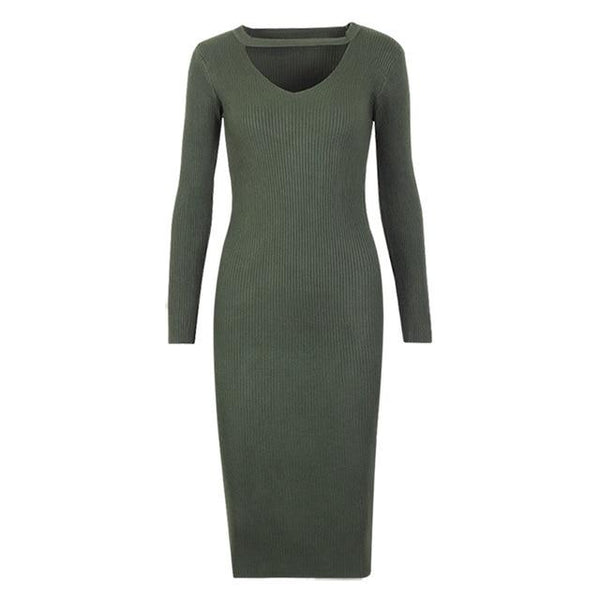 Winter Halter Long sleeve V-Neck Knitted Sweater Dress-Bohemian Brunch