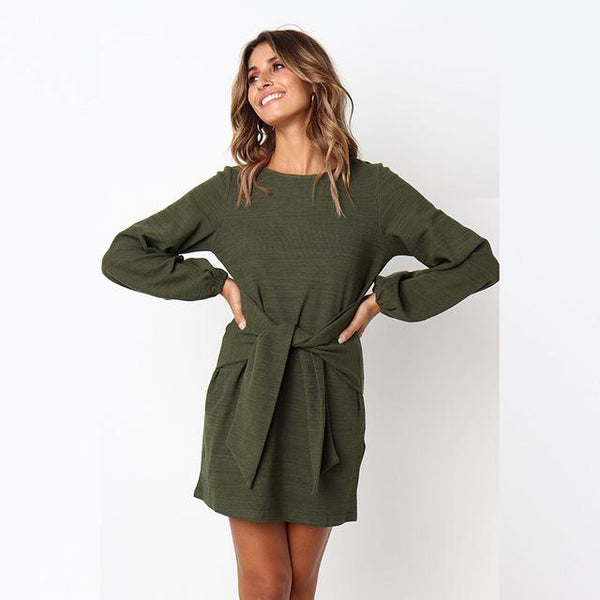 Winter Loose Elegant Dress Long Sleeve O-Neck Dress With Belt-Bohemian Brunch