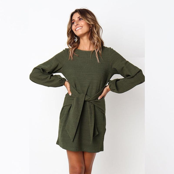 Winter Loose Elegant Dress Long Sleeve O-Neck Dress With Belt-Bohemian Brunch