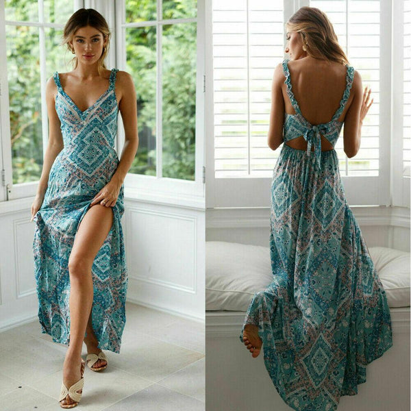 Women Boho Maxi Sleeveless Backless Floral Print Chiffon Dress-Bohemian Brunch