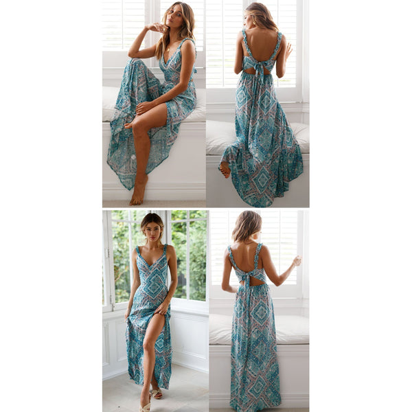 Women Boho Maxi Sleeveless Backless Floral Print Chiffon Dress-Bohemian Brunch