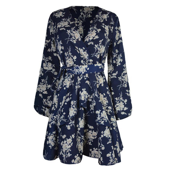 Womens Floral Leaf Print Lantern Long Sleeve Empire Boho Mini Dress-Bohemian Brunch