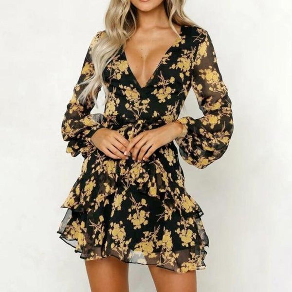 Womens Floral Leaf Print Lantern Long Sleeve Empire Boho Mini Dress-Bohemian Brunch